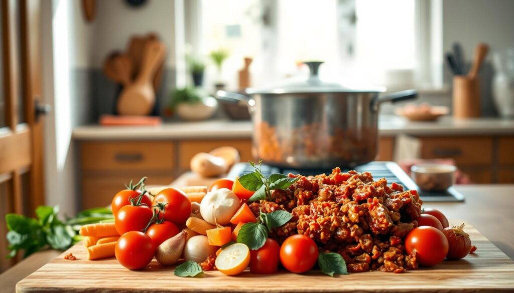 A bright, airy kitchen with a large wooden cutting board on the counter. In the foreground, a pile of fresh ingredients - ripe tomatoes, onions, carrots, celery, and herbs like basil and oregano. In the middle ground, a large pot simmering on the stove, steam gently rising. The pot is filled with a rich, bubbling bolognese sauce, its deep red color and savory aroma filling the room. The lighting is warm and natural, casting a soft glow over the scene. The camera angle is slightly elevated, giving a bird's-eye view of the preparation process. The overall mood is one of culinary expertise, comfort, and the timeless tradition of authentic Italian home cooking.