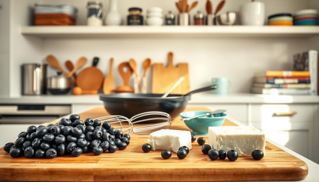 A bright, modern kitchen counter featuring an assortment of kitchen tools and ingredients for preparing blueberry cheesecake French toast. In the foreground, a wooden cutting board holds a stack of fresh, juicy blueberries, a whisk, and a block of cream cheese. In the middle ground, a cast-iron skillet, a mixing bowl, and a spoon rest sit atop the counter. Soft, natural lighting filters in through a window, casting a warm glow on the scene. In the background, shelves hold various baking supplies, utensils, and a stack of cookbooks. The overall atmosphere is inviting, organized, and ready for a delightful breakfast preparation.