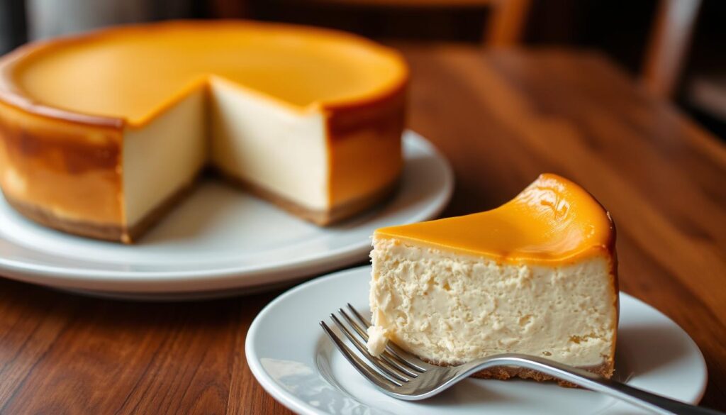 A classic cheesecake with a smooth, creamy texture sits on a wooden table, its golden-brown crust shimmering under soft, warm lighting. The cake is presented on a plain white plate, allowing its simplicity and elegance to shine. In the foreground, a fork rests next to the slice, hinting at the indulgent experience to come. The background is blurred, keeping the focus on the delectable dessert. The overall scene evokes a sense of comfort and timeless sophistication, perfectly capturing the essence of a classic cheesecake recipe.
