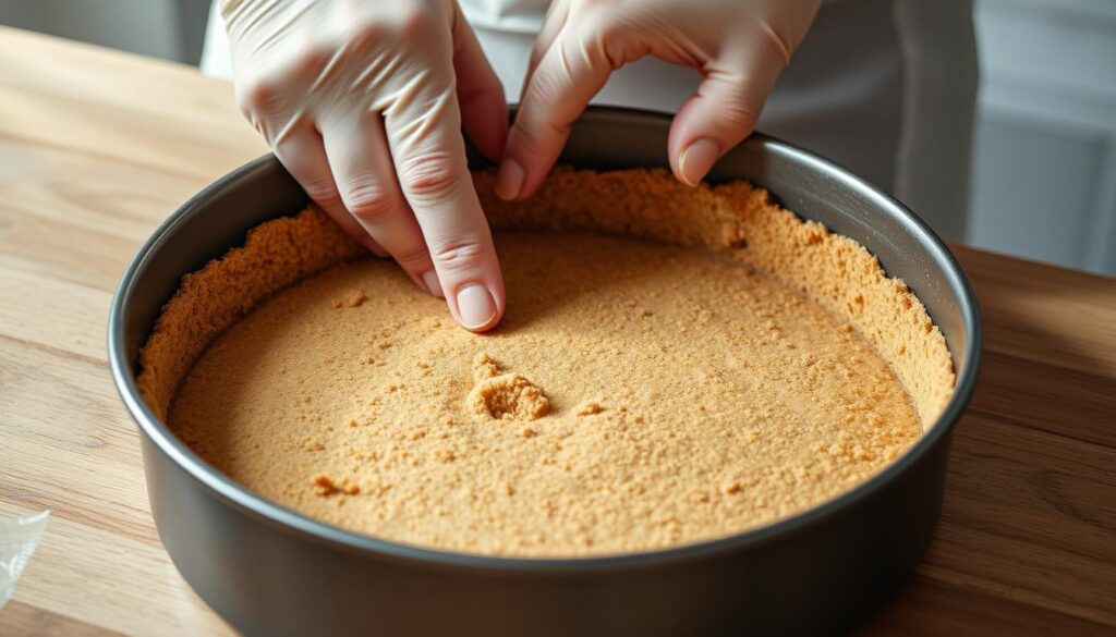 A close-up view of a baker's hands carefully pressing and smoothing a graham cracker crust into a springform pan, delicately shaping the edges. The crust is a perfect golden-brown, with a slightly crunchy texture. Soft natural lighting illuminates the scene, casting subtle shadows that highlight the tactile details. The image conveys the care and precision required to prepare the foundation for a classic, creamy cheesecake.