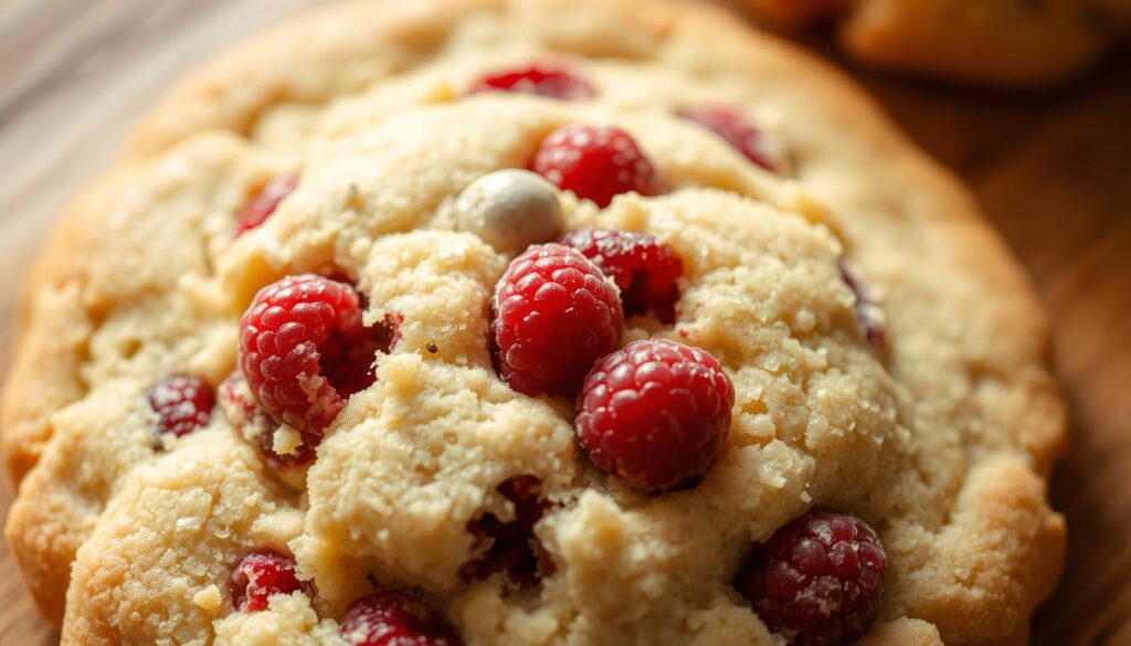 A close-up view of a freshly baked raspberry crumble cookie, revealing its delicate texture. The surface is lightly golden, with a scattering of plump, juicy raspberries nestled within a crumbly, buttery shortbread-like base. Warm overhead lighting casts a soft, cozy glow, accentuating the cookie's inviting appearance. The composition is centered, drawing the viewer's attention to the intricate details of the baked treat. The image captures the essence of a homemade, artisanal raspberry crumble cookie, showcasing the enticing blend of flavors and textures that make this baked delight a true indulgence.