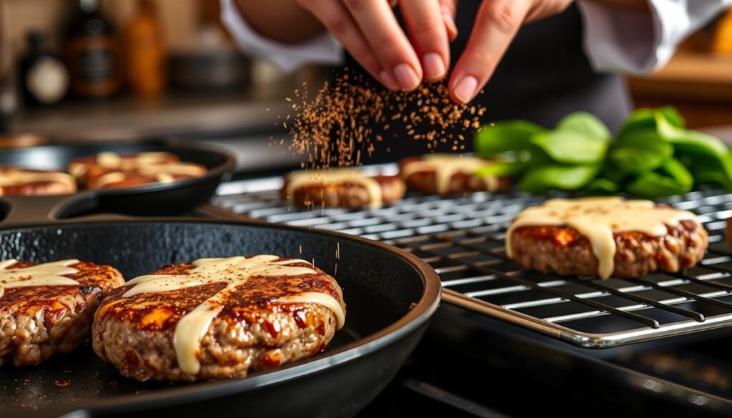 A close-up view of various cooking techniques for a gourmet burger, captured in a warm, inviting kitchen setting. In the foreground, a juicy beef patty sizzles on a cast-iron skillet, its edges browning evenly under the soft, diffused lighting. In the middle ground, a wire rack stands ready for broiling, the burger glistening with melted white cheddar cheese. In the background, a chef's hands expertly season the patty with a blend of fragrant spices, while a handful of fresh spinach leaves await their turn to be incorporated into the dish. The scene conveys a sense of culinary mastery, with each element working in harmony to create the perfect White Cheddar & Spinach Chicken Burger.