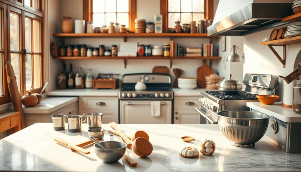 A cozy and well-equipped kitchen baking environment, illuminated by warm, natural light streaming through large windows. In the foreground, a marble countertop is scattered with measuring cups, wooden spoons, and a mixing bowl. In the middle ground, a vintage oven and stove stand ready, their gleaming surfaces reflecting the light. The background features open shelves lined with jars of spices, cookbooks, and other baking essentials. The overall atmosphere is one of homey comfort and culinary inspiration, perfect for crafting delectable pumpkin s'mores cookies.