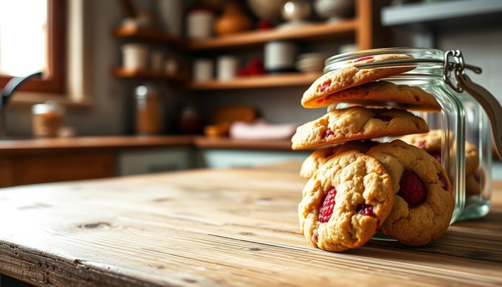 A cozy kitchen counter with a rustic wooden surface, a stack of freshly baked raspberry cookies nestled in a vintage glass jar, the light from a nearby window casting a warm glow. In the background, a tidy pantry filled with baking essentials. The scene evokes a sense of homey comfort and the simple pleasures of homemade treats. Soft, diffused lighting and a shallow depth of field draw the viewer's attention to the delicate cookies, their vibrant red berries peeking through a crumbly golden crust. This image captures the essence of preserving and savoring the flavors of homemade raspberry cookies.