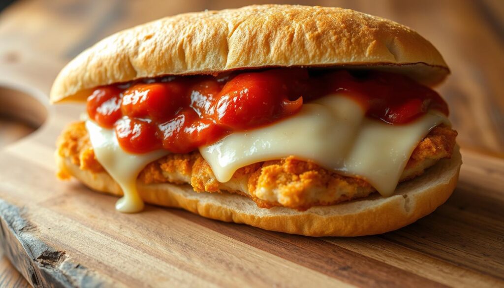 A delectable chicken parmesan sandwich, with a golden-brown breaded chicken cutlet, smothered in a tangy marinara sauce and melted mozzarella cheese, nestled between two slices of freshly toasted, crusty Italian bread. The sandwich is presented on a rustic wooden board, with a slight side angle to showcase the layered textures and flavors. The lighting is warm and inviting, casting a soft glow on the dish, highlighting the gooey cheese and the crisp edges of the breading. The background is blurred, allowing the sandwich to be the focal point, drawing the viewer's attention to the irresistible details of this iconic American culinary delight.
