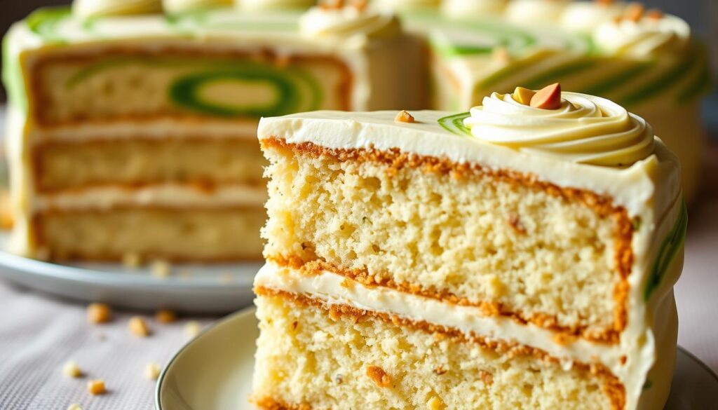 A delectable pistachio vanilla cake, its layers adorned with swirls of vibrant green and creamy white. The foreground features a close-up view, showcasing the moist crumb and the subtle flecks of ground pistachios nestled within. The middle ground reveals the cake's light and airy texture, while the background hints at a cozy, homey setting - perhaps a rustic wooden table or a soft, textured linen. Soft, directional lighting casts gentle shadows, accentuating the cake's inviting appearance. The overall atmosphere is one of warmth, comfort, and an irresistible culinary delight.