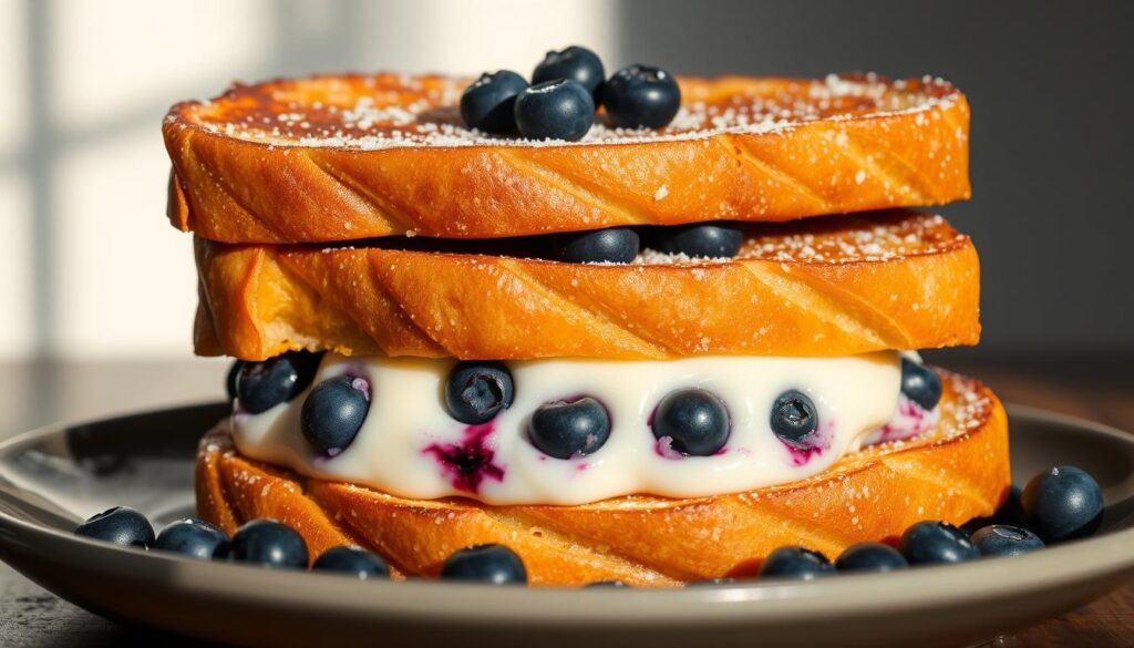 A delectable stack of thick-cut French toast, golden-brown and lightly dusted with powdered sugar. The center is filled with a creamy blueberry cheesecake layer, the vibrant berries nestled in a silky smooth custard. The dish is set against a neutral background, allowing the colors and textures to take center stage. Natural lighting casts a warm, inviting glow, highlighting the rich hues of the blueberries and the delicate crunch of the toast. The camera angle is slightly elevated, capturing the layered details and the irresistible presentation of this breakfast delight.