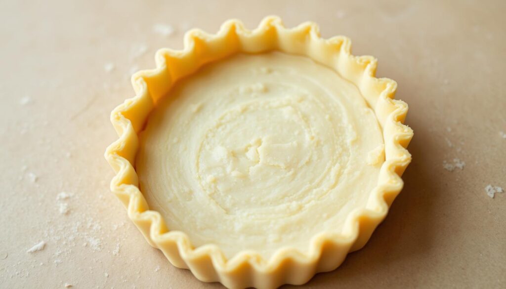 A delicate cross-section of a perfectly baked tart crust, showcasing its flaky, golden-brown exterior and tender, buttery interior. The crust is depicted in close-up, with a soft, even lighting that accentuates its intricate textures and layers. The image captures the process of mastering the tart crust, revealing the essential techniques - from precisely measured ingredients to the careful handling and baking - that create the foundations of an irresistible strawberry tart. The composition is clean and focused, inviting the viewer to appreciate the craftsmanship and attention to detail that goes into producing a beautifully executed tart crust.