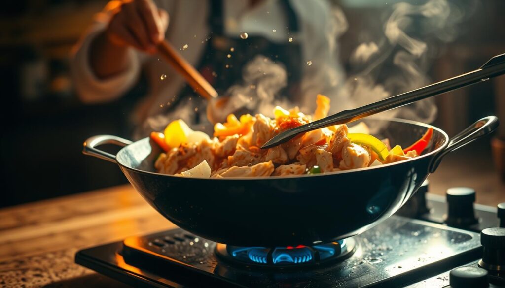 A dimly lit kitchen countertop, with a wok sizzling on the stovetop. Sliced chicken, bell peppers, onions, and a fragrant blend of spices come together in a choreographed dance, the steam rising in wisps. Drops of oil crackle as the ingredients are tossed and turned with a pair of metallic tongs, expertly navigating the pan. Warm, golden light casts a gentle glow, capturing the essence of a quick, flavorful chicken stir-fry, ready to be savored. In the background, a blurred silhouette of a chef, focused and in control, guides the process with measured movements.