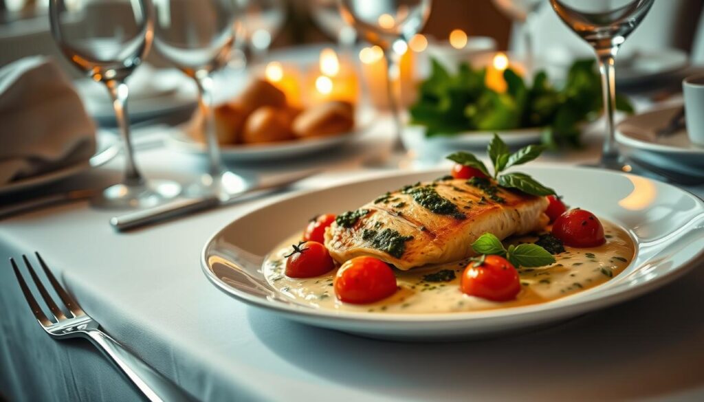 A elegant dinner party setting with a beautifully plated main course. The plate features a succulent chicken breast nestled in a creamy pesto sauce, garnished with roasted cherry tomatoes. The plate is arranged with careful attention to color, texture, and balance, creating a visually striking and appetizing presentation. The table is set with fine china, crisp linens, and soft lighting, creating an atmosphere of refined sophistication. The camera angle is slightly elevated, capturing the intricate details of the dish and the elegant tabletop setting. The overall mood is one of refined, understated luxury, reflecting the subject of the article.