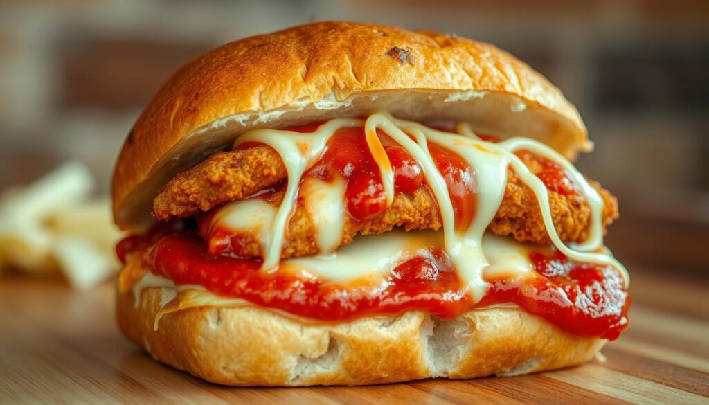 A freshly baked artisanal ciabatta roll, its golden-brown crust glistening under warm, soft lighting. Atop the bread, a thick, juicy chicken breast, breaded and fried to crispy perfection, dripping with a rich, tomato-based marinara sauce. Melted mozzarella cheese, its strings delicately cascading over the edges, completes the authentic chicken parm sandwich. The composition is shot from a low angle, capturing the sandwich's towering presence and the tantalizing details of its layers. The background is slightly blurred, focusing the viewer's attention on the sandwich's sumptuous details.
