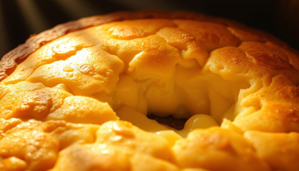A freshly baked golden brown crust, with a shimmering, buttery sheen, gently rising and forming delicate flaky layers. Warm beams of soft, diffused light cast a gentle glow, highlighting the intricate patterns and textures of the crust's surface. The interior is revealed, a creamy, custard-like filling gently oozing out, tempting the senses. The scene is captured from a slightly elevated angle, providing a tantalizing, close-up view of the baking process in progress, conveying the mouthwatering anticipation of a delicious lemon cream cheese dump cake.
