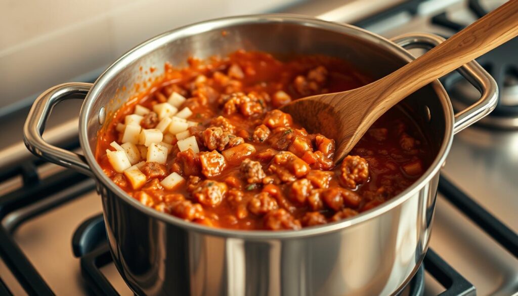 A large, gleaming stainless steel pot on a gas stovetop, filled with a thick, aromatic meat sauce simmering gently. Diced onions, garlic, and tender ground beef sizzle in olive oil, releasing a symphony of savory scents. Crushed tomatoes, herbs, and spices blend together, creating a rich, deep-red sauce that bubbles and reduces, developing complex flavors. A wooden spoon slowly stirs the mixture, coaxing out every nuance. The warm, soft lighting casts a golden glow, highlighting the sauce's velvety texture. The scene evokes a sense of homey comfort and culinary craftsmanship, the kind that makes a classic lasagna truly unforgettable.