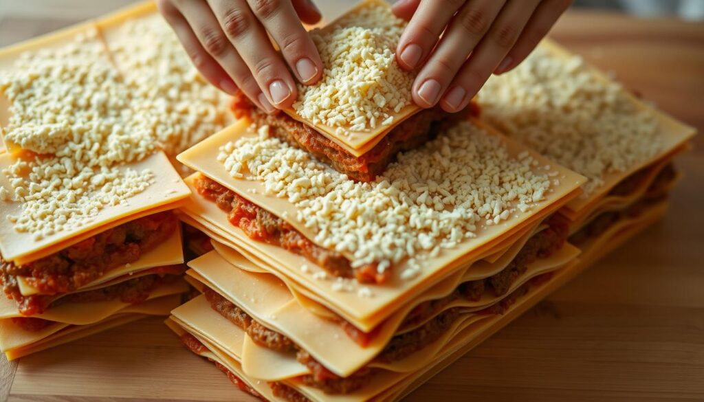 A neatly arranged array of freshly cooked lasagna noodles, each layer carefully constructed with precision. Creamy béchamel sauce gently poured over a bed of savory ground beef and tangy tomato sauce, creating distinct, appetizing strata. Delicate hands meticulously arrange grated mozzarella cheese, forming an even, golden-brown topping. Warm, soft lighting casts a comforting glow, highlighting the intricate layering process. The camera captures the scene from a slightly elevated angle, providing an insightful view into the perfection of a classic lasagna assembly.