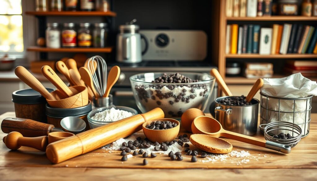 A neatly arranged collection of baking tools and ingredients on a wooden table, bathed in warm, soft lighting. In the foreground, a wooden rolling pin, a set of measuring cups and spoons, a whisk, and a sifter. In the middle ground, a mixing bowl filled with chocolate chips, flour, and other baking essentials. In the background, a vintage-style oven and a shelving unit displaying various spices and cookbooks. The scene conveys a cozy, inviting atmosphere, ready to inspire the perfect chocolate chip cookie baking session.