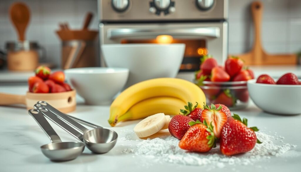A neatly arranged kitchen counter with various baking tools and ingredients for making a delicious strawberry crumble banana bread. In the foreground, a set of measuring spoons, a mixing bowl, and a wooden spoon stand ready. In the middle ground, freshly sliced bananas, ripe strawberries, and a dusting of flour create a natural, organic composition. The background features a vintage-inspired oven, its warm glow casting a cozy, inviting atmosphere. The lighting is soft and even, accentuating the textures of the baking supplies. The overall scene conveys a sense of culinary expertise and the joy of homemade baking.