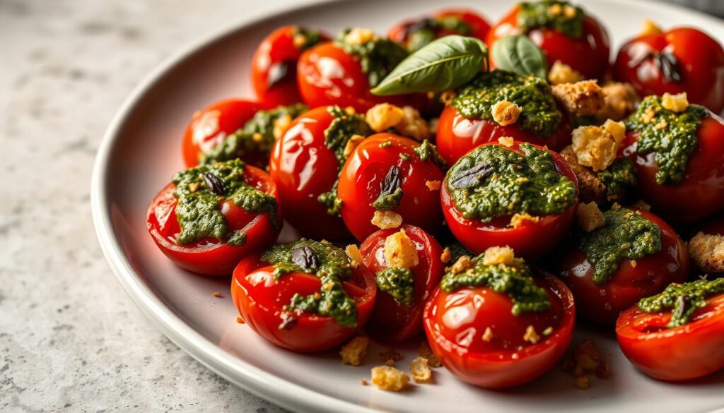 A plate of perfectly roasted tomatoes, their burnished skins glistening under soft, warm lighting. The juicy, ruby-red fruits are arranged artfully, drizzled with a vibrant basil pesto and scattered with crisp, golden breadcrumbs. The scene is captured from a slightly elevated angle, showcasing the delectable textures and colors. The background is a simple, neutral surface that allows the dish to take center stage, elevating the beauty of these lovingly roasted tomatoes.