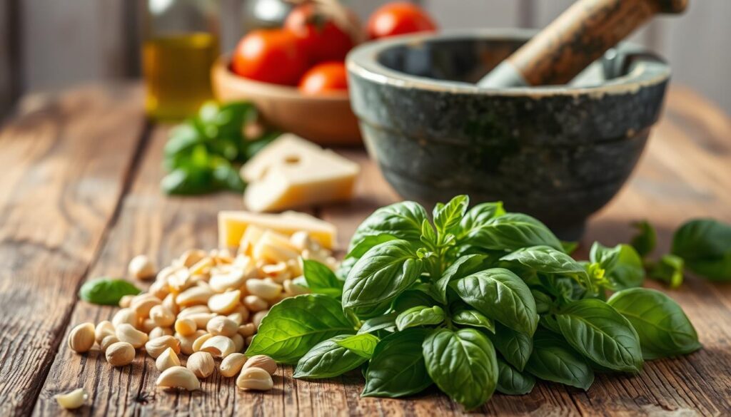A rustic wooden table bathed in soft, natural lighting. In the foreground, a vibrant pile of fresh basil leaves, pine nuts, garlic cloves, and a wedge of Parmesan cheese. In the middle ground, a mortar and pestle, ready to grind the ingredients into a creamy, aromatic pesto. In the background, a glass jar filled with olive oil, hinting at the final step of this homemade pesto-making process. The scene exudes a sense of homemade simplicity and culinary authenticity, setting the stage for the flavorful pesto to be used in the Creamy Pesto Chicken with Roasted Tomatoes dish.