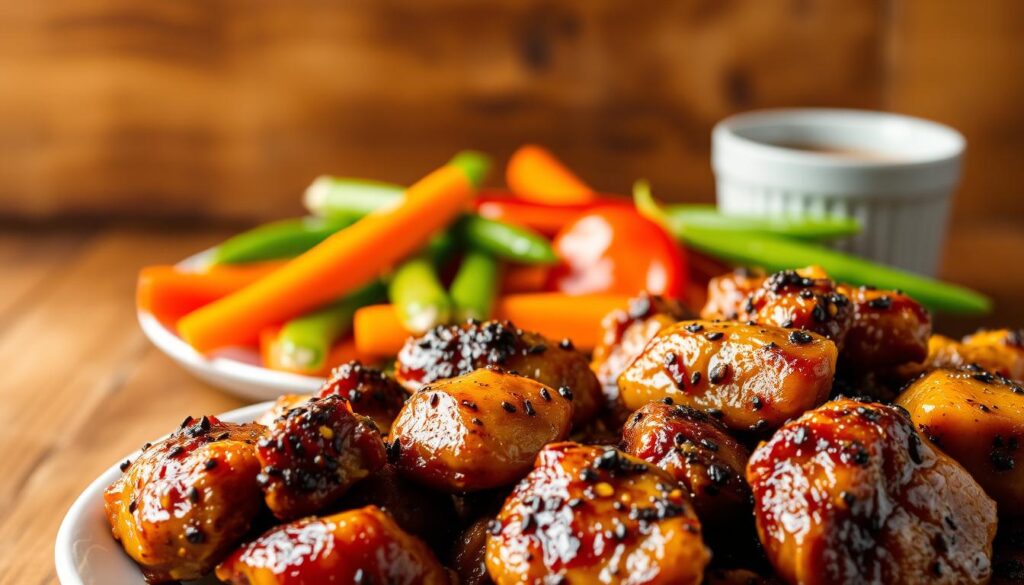 A succulent black pepper chicken dish in a warm, inviting setting. In the foreground, the chicken is cooked to perfection, the black pepper seasoning glistening under the soft, natural lighting. In the middle ground, a colorful array of fresh vegetables - carrots, bell peppers, and snow peas - are neatly arranged, complementing the protein. The background features a rustic, wooden table, with a backdrop of earthy, neutral tones that create a cozy, homely atmosphere. The overall scene exudes a sense of wholesome nutrition and flavorful indulgence, showcasing the health benefits of this delectable stir-fry recipe.
