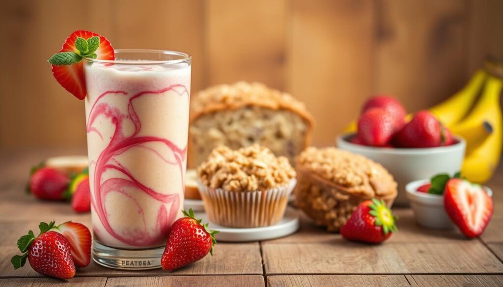 A vibrant still life showcasing an array of tantalizing strawberry-banana variations. In the foreground, a luscious strawberry-banana smoothie in a glass with a swirled pink-yellow hue, garnished with fresh strawberry slices and a sprig of mint. In the middle ground, an assortment of treats including a strawberry-banana bread with a golden-brown crumble topping, strawberry-banana muffins with a soft, moist interior, and a bowl of plump, juicy strawberries and ripe bananas. The background features a wooden table with a natural, rustic texture, bathed in warm, diffused lighting that casts a cozy, inviting glow over the delectable spread.