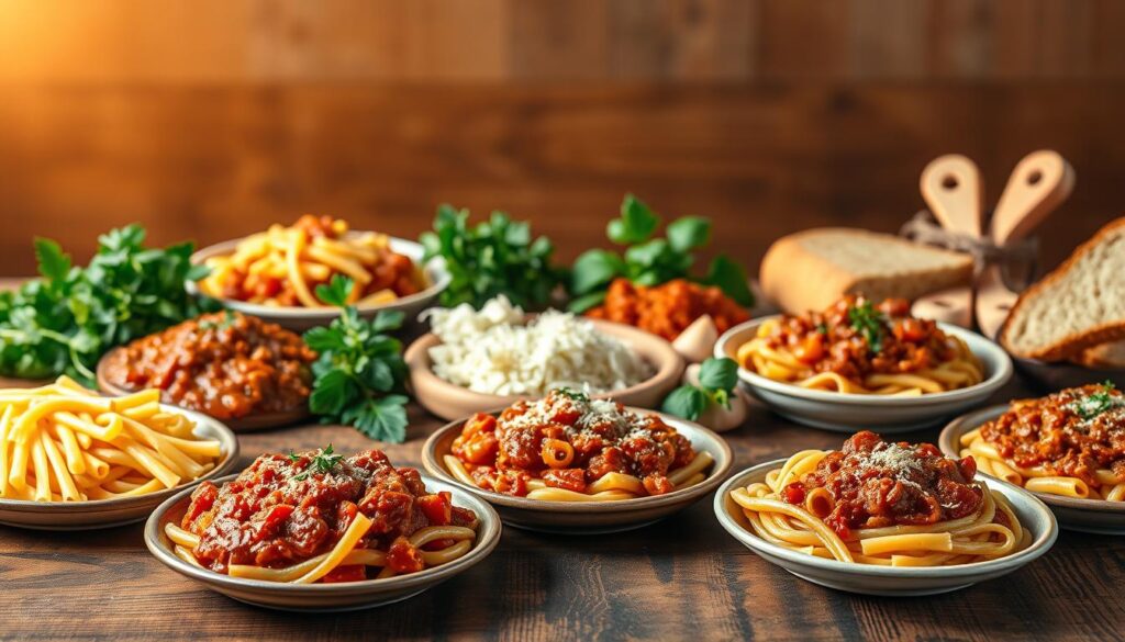 A vibrant still life showcasing the regional variations of the iconic Bolognese sauce across Italy. In the foreground, a wooden table is adorned with a variety of pasta shapes, from long tagliatelle to short rigatoni, each accompanied by a distinct Bolognese preparation. The sauces range in color from deep, rich reds to earthy browns, reflecting the local ingredients and cooking techniques of different Italian regions. In the middle ground, a selection of fresh herbs, grated Parmesan, and crusty bread provide textural contrast. The background is softly blurred, creating a sense of depth and drawing the viewer's attention to the flavorful array of Bolognese dishes. Warm, golden lighting illuminates the scene, evoking the comforting and timeless nature of this beloved Italian culinary tradition.