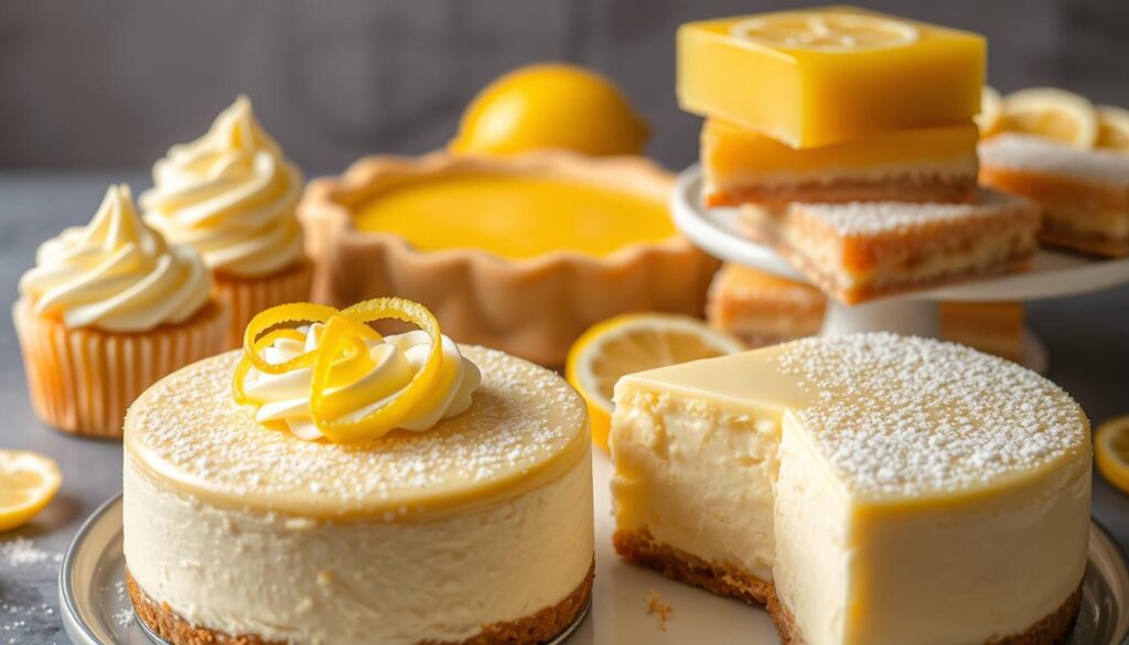 A visually striking dessert tableau, featuring a delectable array of creative lemon-inspired treats. In the foreground, a lush, creamy lemon cheesecake, its surface adorned with delicate lemon zest curls and a dusting of powdered sugar. Beside it, a stack of moist, fluffy lemon cupcakes, each crowned with a swirl of tangy lemon buttercream. In the middle ground, a glossy lemon tart with a buttery crust, its filling vibrant and glistening. Further back, an assortment of lemon bars, their yellow centers peeking through the crumbly shortbread base. The scene is bathed in soft, natural lighting, creating a warm, inviting atmosphere that captures the bright, tangy flavors of these creative lemon dessert variations.