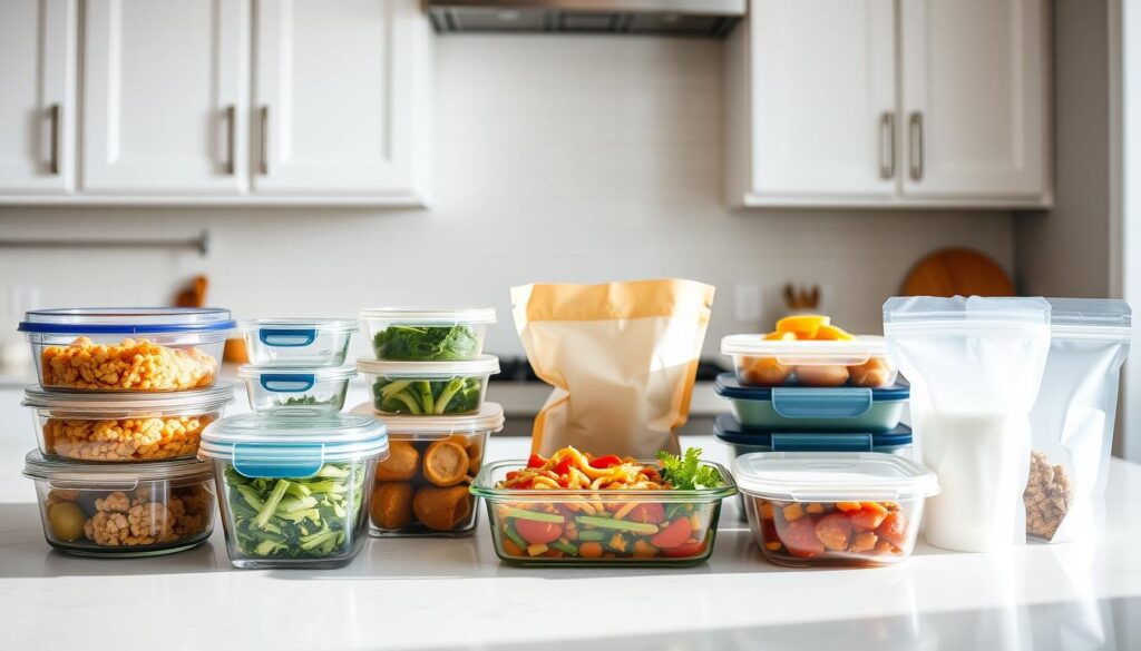 A well-lit kitchen counter with a variety of meal prep containers in the foreground. Glass and plastic containers in various shapes and sizes, arranged neatly. In the middle ground, reusable silicone bags and pouches for storing leftovers. The background features a clean, minimalist kitchen setting with white cabinets and a subtle tile backsplash. The lighting is soft and natural, highlighting the organization and efficiency of the meal prep storage solutions. The overall mood is calm, organized, and practical, suitable for illustrating storage and reheating tips for a healthy recipe.