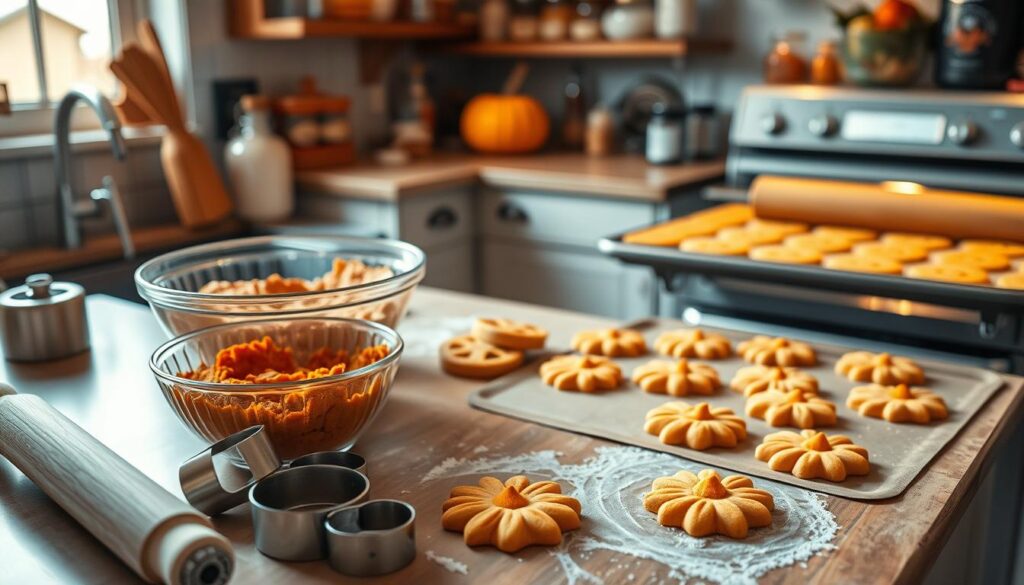 A well-lit kitchen counter with an assortment of baking tools and ingredients. In the foreground, a rolling pin, cookie cutters, and a mixing bowl filled with pumpkin puree. In the middle ground, a hand kneading a dough, and a baking sheet with perfectly shaped pumpkin cookies. In the background, a vintage oven and shelves with jars of spices. Warm, cozy lighting, and a soft, autumnal color palette create a comforting, homemade atmosphere.