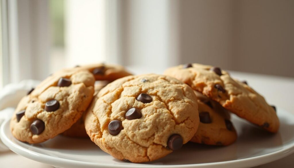 An elegant composition of freshly baked homemade chocolate chip cookies, arranged on a white ceramic platter against a soft backdrop. The cookies have a golden-brown surface with delicate cracks, revealing gooey chocolate chips nestled within a tender, buttery crumb. Soft, natural lighting from a large window casts a warm, inviting glow, highlighting the rustic, handmade quality. The image has a shallow depth of field, keeping the cookies in sharp focus while the background gently blurs, creating a sense of simplicity and craftsmanship. The overall mood is cozy, comforting, and enticing, evoking the aroma of a home kitchen and the perfect accompaniment to a cup of coffee or tea.