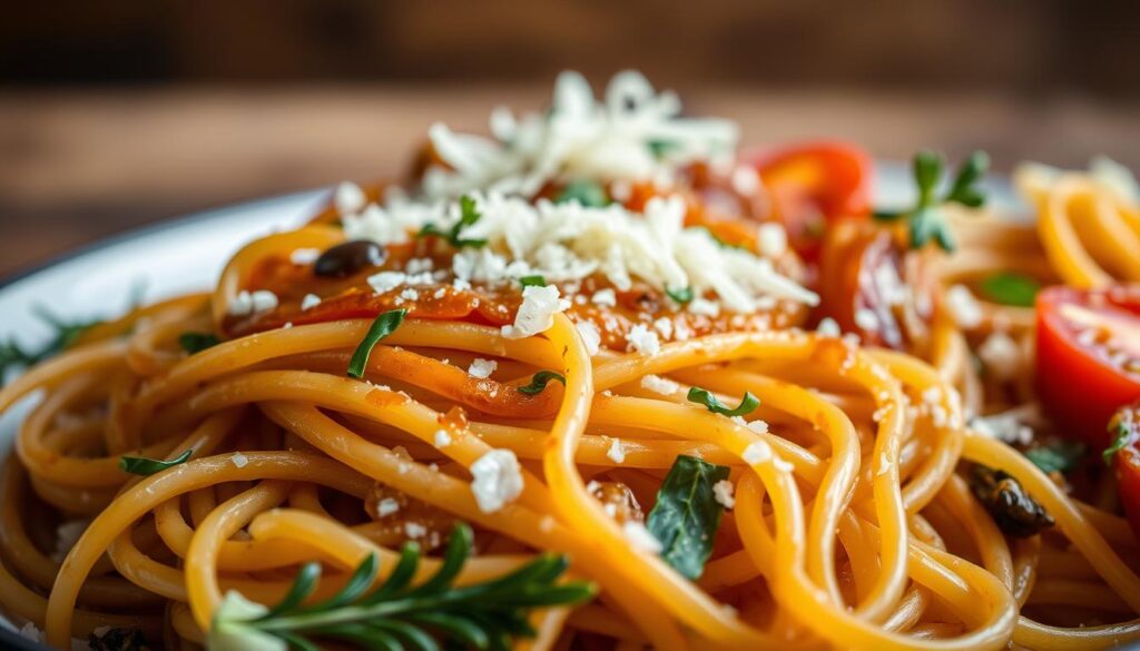 Caramelized onion pasta variations: a mouth-watering medley of textures and flavors. In the foreground, thick spaghetti strands intertwine with golden-brown caramelized onions, their sweetness accentuated by a hint of garlic. Vibrant pops of color from fresh herbs and roasted tomatoes add depth, while a drizzle of olive oil and a sprinkle of Parmesan cheese create a harmonious balance. The composition is set against a softly-lit background, with a shallow depth of field that draws the viewer's attention to the rich, appetizing details of the dish. The overall atmosphere evokes a cozy, homemade Italian dining experience, inviting the viewer to savor the delectable variations of this beloved pasta creation.