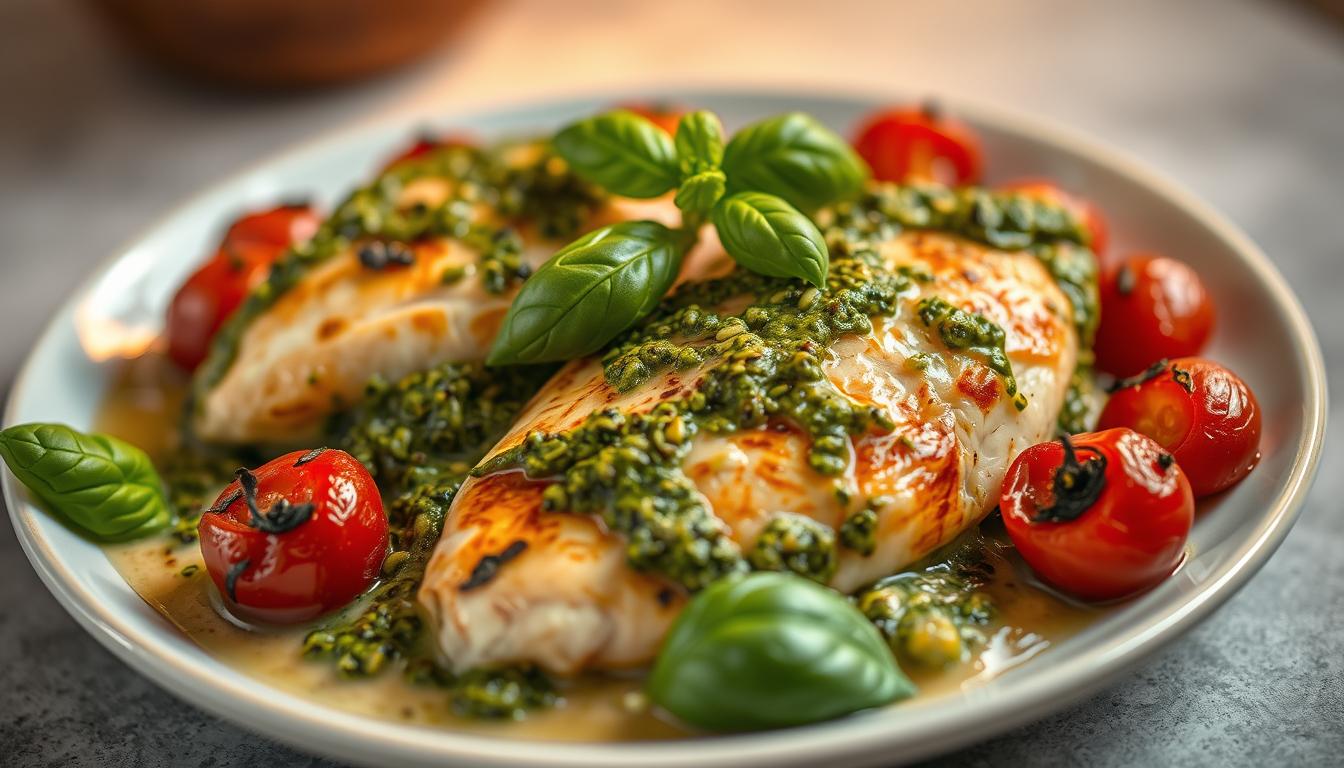 Creamy Pesto Chicken with Roasted Tomatoes