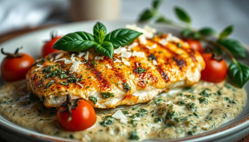 Creamy Pesto Chicken with Roasted Tomatoes