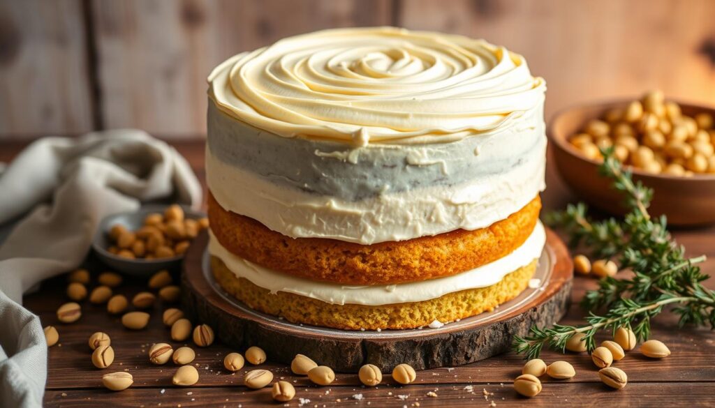 Pistachio vanilla cake assembly: A meticulously crafted layer cake, the base a moist pistachio sponge, topped with a rich, silky vanilla buttercream. The cake rests on a rustic wooden surface, surrounded by scattered pistachio nuts and sprigs of fresh thyme. Warm, gentle lighting casts a soft glow, highlighting the cake's elegant, tiered construction. The scene exudes a sense of artisanal craftsmanship and wholesome, homemade charm. A high-resolution, detailed image captured at a moderate angle, showcasing the cake's intricate textures and inviting color palette.