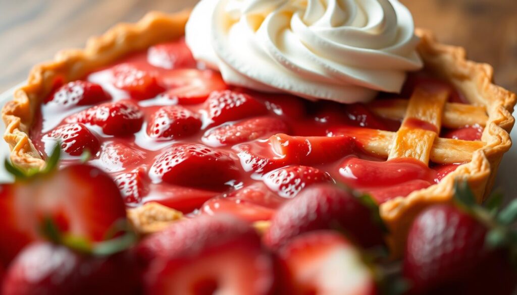 Strawberry tart filling: a mouthwatering amalgamation of freshly macerated strawberries, their ruby-red juices mingling with a silky custard base. A smooth, velvety texture invites the viewer to imagine the rich flavors. In the foreground, an arrangement of sliced berries, their glistening surfaces reflecting the soft lighting. The middle ground reveals the tart's flaky, golden-brown crust, its delicate lattice pattern hinting at the care taken in its assembly. Expertly piped swirls of vanilla-infused whipped cream crown the tart, casting gentle shadows that accentuate the curvatures. The overall scene exudes a sense of refined elegance and artisanal craftsmanship, capturing the essence of the featured dish.