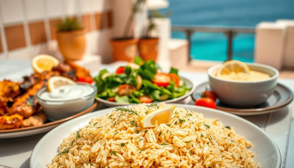 A beautifully crafted scene of Greek lemon rice variations. In the foreground, a platter of aromatic lemon-infused rice, garnished with fresh herbs and lemon wedges. Behind it, various accompaniments come into view - grilled chicken, roasted vegetables, and a bowl of creamy tzatziki sauce. The middle ground showcases a vibrant salad with crisp greens, tomatoes, and a zesty lemon dressing. In the background, a classic Greek setting with whitewashed walls, terracotta tiles, and a glimpse of the azure Aegean sea. Warm, diffused lighting casts a golden glow, evoking the sun-drenched Mediterranean atmosphere. Captured with a wide-angle lens to showcase the depth and variety of this flavorful Greek lemon rice spread.