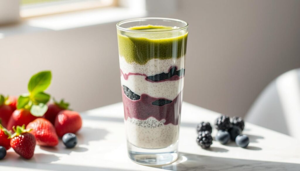 A beautifully layered chia pudding parfait in a tall glass, the top layer a vibrant green from spirulina, the middle a creamy white chia pudding, and the bottom a deep purple from antioxidant-rich berries. The glass is positioned on a white marble surface, with natural light casting a soft glow and creating subtle shadows. The overall scene evokes a sense of freshness, health, and Instagram-worthy aesthetics, perfectly capturing the essence of a nutritious and visually appealing chia pudding breakfast.