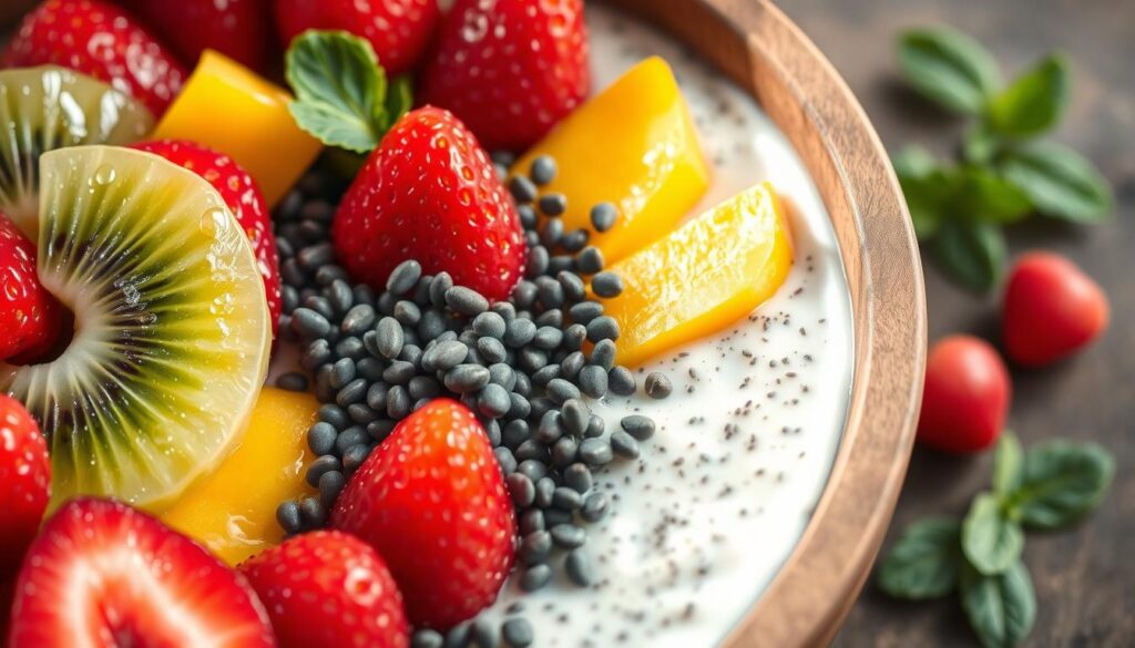 A bountiful array of fresh fruit and vibrant chia seeds artfully arranged in a rustic wooden bowl, bathed in soft, natural light. The foreground features an array of sliced kiwi, mango, and strawberries, glistening with dew. In the middle ground, a sprinkling of plump chia seeds, their tiny black and white specks adding a textural contrast. The background showcases a few scattered mint leaves, their verdant hues complementing the colorful fruit. The composition evokes a sense of nourishment and vitality, perfectly capturing the essence of a creative, wholesome fruit chia pudding bowl.