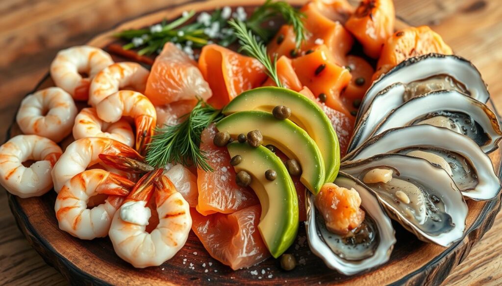 A bountiful seafood appetizer platter, artfully arranged on a rustic wooden board. In the foreground, lightly grilled shrimp and tender scallops, their natural sweetness glistening under soft, warm lighting. Alongside, fresh oysters on the half shell, their briny liquor sparkling with a hint of lemon. In the middle, thick slices of vibrant, house-cured gravlax, complemented by creamy avocado slices and a dollop of tangy crème fraîche. In the background, a scattering of briny capers, fragrant dill sprigs, and a sprinkle of coarse sea salt, creating a visually striking and appetizing composition. The scene evokes a sense of coastal sophistication, inviting the viewer to indulge in the flavors of the sea.