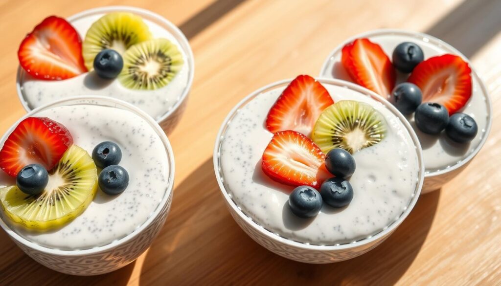 A close-up image of three freshly-made chia seed pudding bowls, arranged on a wooden table. The pudding has a smooth, creamy texture and is topped with a variety of colorful fresh fruits such as sliced strawberries, kiwi, and blueberries. The bowls are set against a clean, bright background, with natural lighting casting soft shadows that accentuate the textural details of the ingredients. The overall composition is balanced and visually appealing, showcasing the refreshing and healthy nature of this simple, homemade fruit chia pudding.