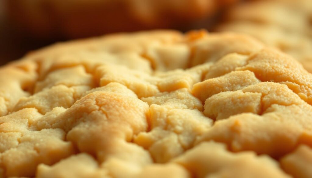 A close-up, macro shot of a freshly baked cookie, showcasing its delicate, crisp surface texture. The lighting is warm and soft, accentuating the golden-brown hues and subtle variations in the cookie's appearance. The focus is sharp, capturing the intricate patterns of the cookie's crackled top, with a slight sheen from the butter or oil used in the recipe. The background is blurred, creating a sense of depth and drawing the viewer's attention to the exquisite texture of the cookie. The overall mood is inviting, evoking the comforting aroma and artisanal quality of a homemade baked good.