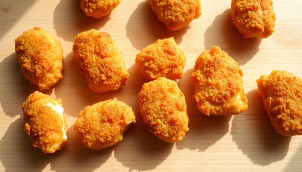 A close-up photograph of several golden-brown, crispy gluten-free chicken nuggets arranged on a light wooden surface. The nuggets have a perfectly crunchy exterior with a tender, juicy interior. Soft shadows cast by the nuggets create depth and dimension. The lighting is natural and warm, highlighting the appetizing texture and color of the nuggets. The image has a clean, minimalist composition that showcases the main subject without distractions, emphasizing the delicious, dietary-friendly nature of these chicken nuggets.