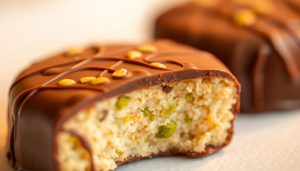 A close-up shot of a beautifully textured pistachio rice cake, with a rich, smooth chocolate coating that glistens under soft, warm lighting. The cake's surface exhibits a delicate, intricate pattern, suggesting a satisfying crunch as the chocolate gives way to the nutty, aromatic interior. The composition emphasizes the tactile and sensory qualities of this indulgent treat, inviting the viewer to imagine the satisfying, yet balanced, flavors and textures. The overall mood is one of artisanal craftsmanship and sophisticated, comforting indulgence.