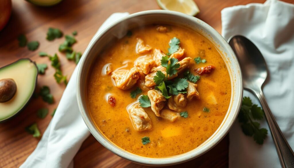 A cozy kitchen scene with a steaming bowl of chicken enchilada soup placed on a wooden table, surrounded by fresh garnishes like chopped cilantro, diced avocado, and a lime wedge. Warm, soft lighting creates a comforting ambiance, while a crisp white napkin and stainless steel spoon set the stage for a delightful and nourishing meal. The soup's rich, creamy broth glistens, enticing the viewer to dive in and savor the layers of Mexican-inspired flavors. The overall composition conveys a sense of homemade comfort and effortless presentation, perfectly suited to illustrate a comforting meal.