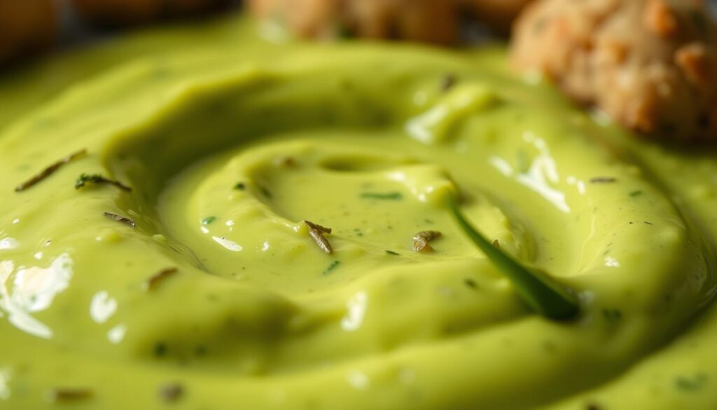 A creamy, luscious avocado sauce, the centerpiece of a delectable "Baked Salmon Meatballs" dish. The sauce fills the frame, its vibrant green hue accentuated by soft, ambient lighting. Smooth and velvety in texture, with flecks of fresh herbs and a hint of citrus. Capturing the essence of the "Creating the Creamy Avocado Sauce" section, the image invites the viewer to imagine the tantalizing flavors and aromas. Photographed from an angle that showcases the sauce's rich, inviting appearance, with a shallow depth of field to draw the eye towards the center of the frame.