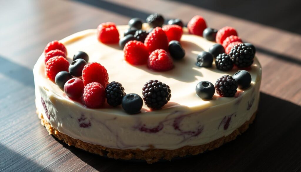 A creamy, luscious no-bake berries cheesecake sits on a dark wooden table, the vibrant red and purple berries nestled atop a smooth, silky filling. The cake is illuminated by natural, soft lighting that casts gentle shadows, creating a warm, inviting atmosphere. The crust, made from crushed graham crackers, forms a sturdy yet delicate base. Adorning the top of the cake are fresh, plump blueberries, raspberries, and blackberries, their juices glistening. The scene exudes a sense of effortless elegance and homemade indulgence, perfectly capturing the essence of an easy, delightful no-bake berries cheesecake.
