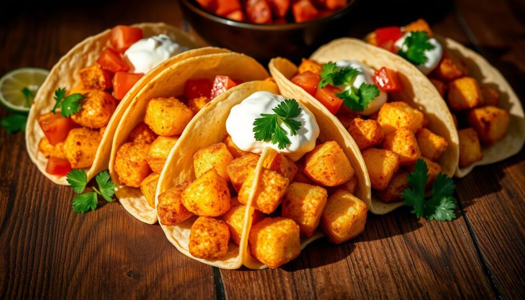 A delectable arrangement of crisp potato tacos, freshly fried to golden perfection, resting on a rustic wooden surface. The potatoes, cubed and seasoned with a blend of zesty spices, sizzle invitingly as they are tucked into soft, warm tortilla shells. Bright garnishes, such as diced tomatoes, tangy sour cream, and vibrant cilantro, add pops of color and flavor, creating a visually stunning and mouthwatering display. Dramatic lighting casts dramatic shadows, highlighting the textural contrast between the crunchy exterior and the fluffy interior of the tacos. The composition is carefully balanced, drawing the viewer's eye to the center of the frame, where the star of the dish, the crispy potato tacos, take center stage.
