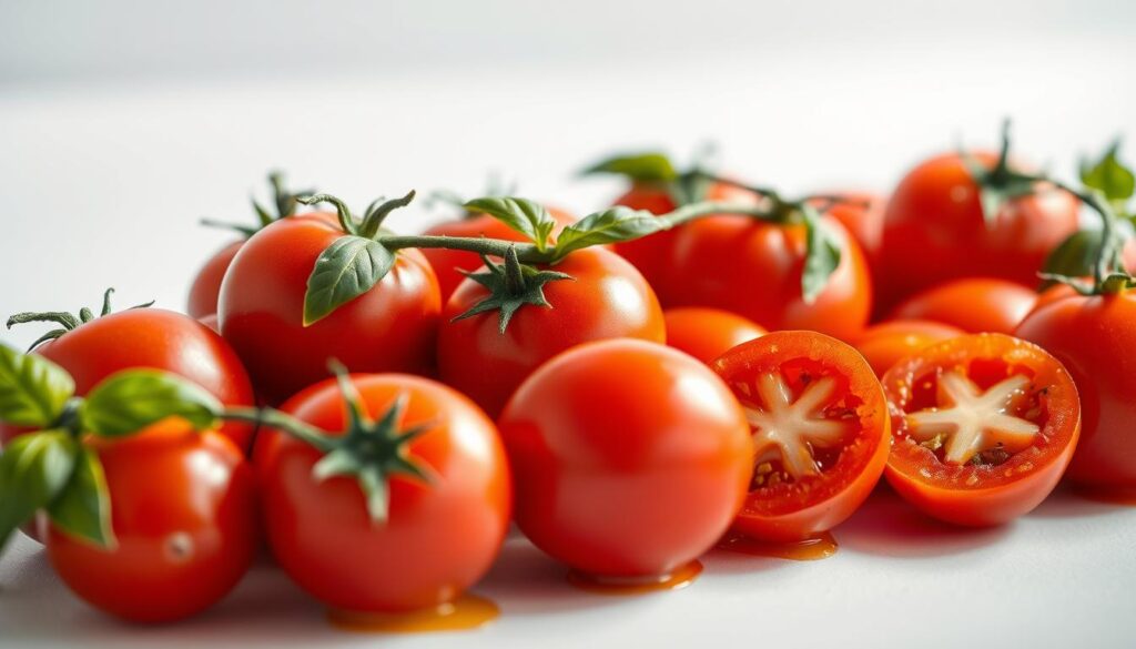 A delectable arrangement of plump, juicy tomatoes glistening under warm, natural lighting. The tomatoes are arranged in an inviting display, their vibrant red hues contrasting beautifully against a crisp, white background. The tomatoes are topped with a drizzle of golden olive oil and a sprinkling of fresh, fragrant basil leaves, adding a burst of color and aroma. The composition is framed by a softly blurred, minimalist background, allowing the star ingredients to take center stage. This image captures the essence of a perfect, homemade tomato topping, ready to be incorporated into an Italian-inspired chicken dish.