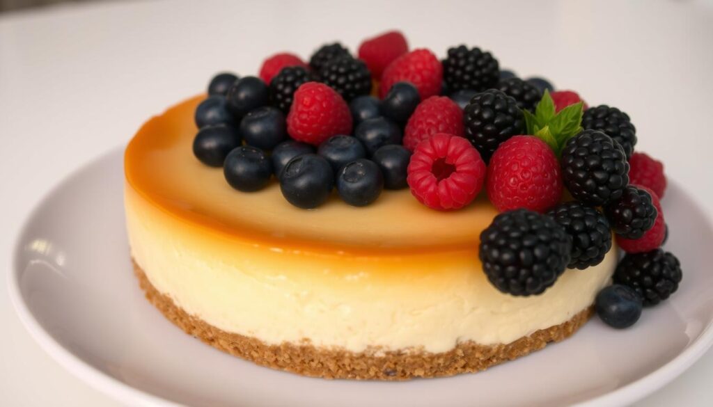 A delectable baked cheesecake with a golden-brown surface, adorned with a vibrant array of freshly baked berries, including plump blueberries, juicy raspberries, and succulent blackberries. The creamy, rich filling is complemented by a buttery graham cracker crust, creating a harmonious balance of textures. Soft, indirect lighting casts a warm, inviting glow, highlighting the luscious, glossy appearance of the berries. The cheesecake is presented on a sleek, white ceramic plate, set against a backdrop of a clean, minimalist kitchen counter or table, emphasizing the dessert's elegance and simplicity.