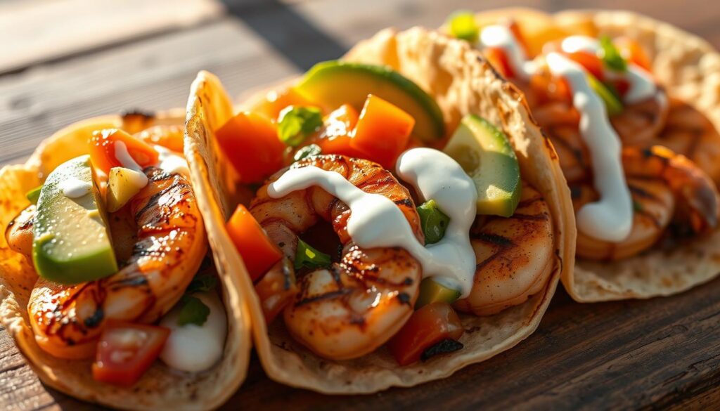 A delectable close-up of grilled shrimp tacos, nestled in warm, soft tortillas. The shrimp are perfectly charred, glistening with a tantalizing blend of spices. Vibrant slices of avocado, diced tomatoes, and a drizzle of creamy lime crema adorn the tacos, creating a visually stunning and mouthwatering composition. The scene is bathed in the warm glow of natural light, casting subtle shadows and highlights that accentuate the textures and colors. The tacos are presented on a rustic wooden surface, evoking a casual, al fresco dining experience. The overall mood is one of fresh, flavorful indulgence, capturing the essence of the "Classic Shrimp Tacos Recipe" in a visually compelling way.