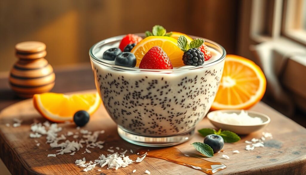 A delectable still life showcasing a glass bowl filled with vibrant, fruit-infused chia pudding. The pudding is a creamy, pale-hued base flecked with dark chia seeds, and topped with an artful arrangement of fresh berries, sliced kiwi, and juicy orange segments. Warm, golden light bathes the scene, creating a soft, inviting atmosphere. The bowl rests on a rustic wooden surface, surrounded by a few scattered ingredients - a sprinkle of shredded coconut, a sprig of mint, and a drizzle of honey. The overall composition is clean, balanced, and appetizing, perfectly capturing the essence of a nourishing and delicious chia pudding variation.